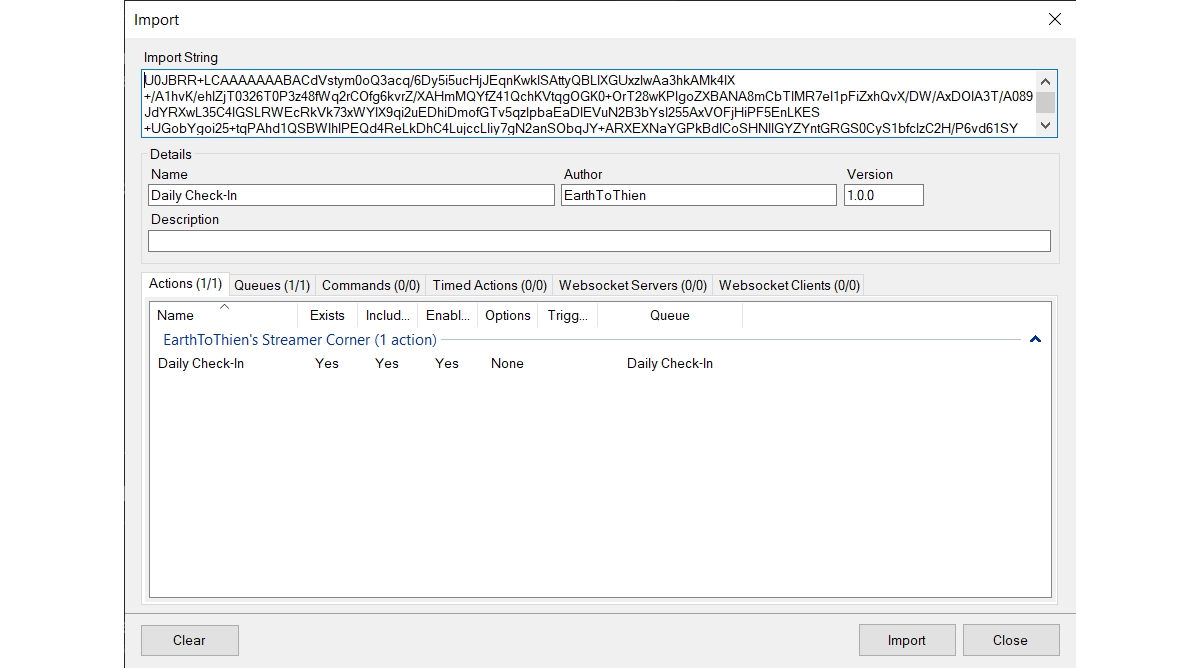Image of the Streamer.Bot import window for Daily Check-In extension.